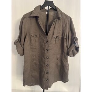 Women's 100% Linen Button Front Utility Shirt Earthy Neutral Relaxed Sz 12